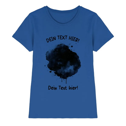 Blaues damen t shirt mit schwarzem aquarell tinten spritzer und individuellem wunschtext design