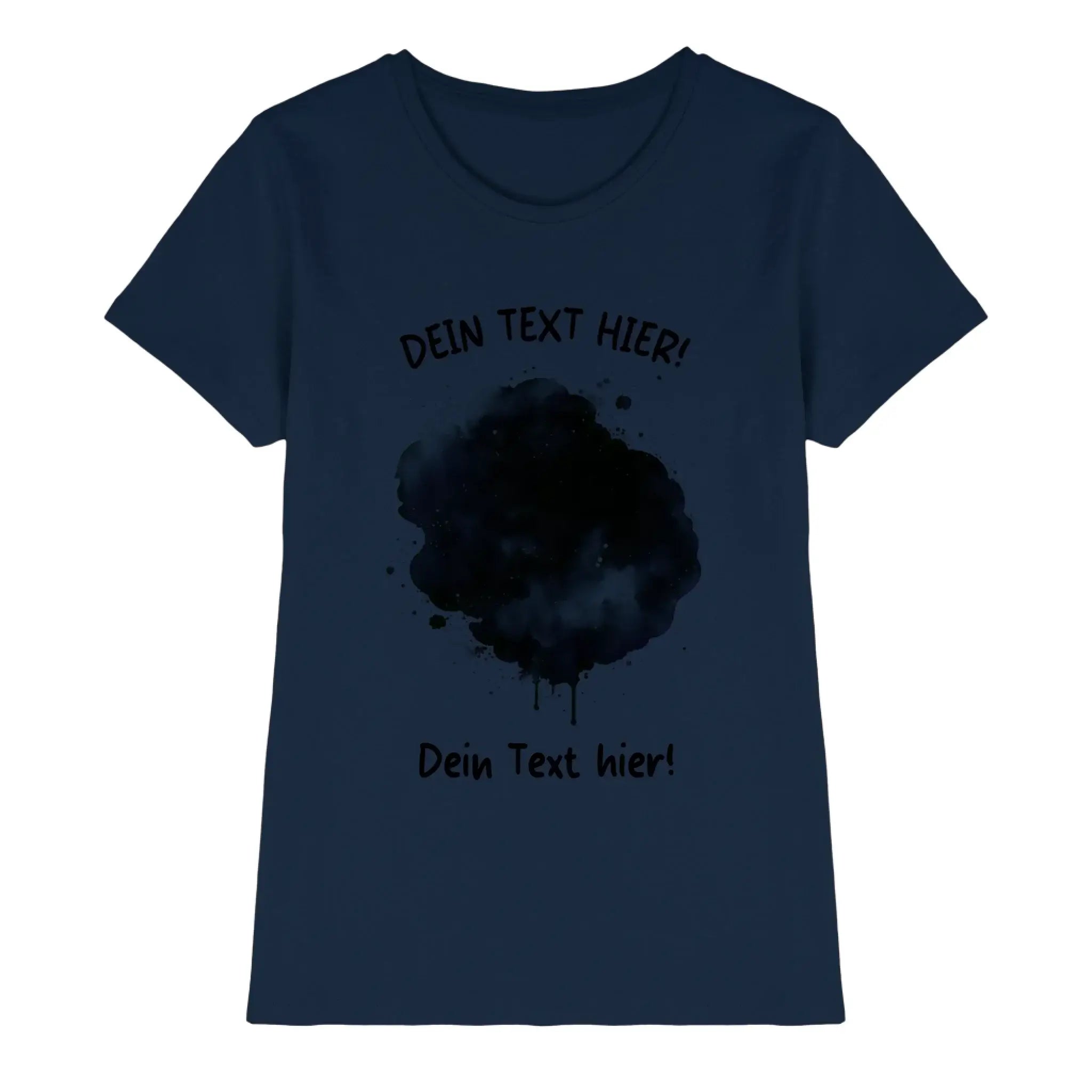 Navyblaues kurzarmshirt mit schwarzem aquarellspritzer und dunklem platzhaltertext aus der statement collection