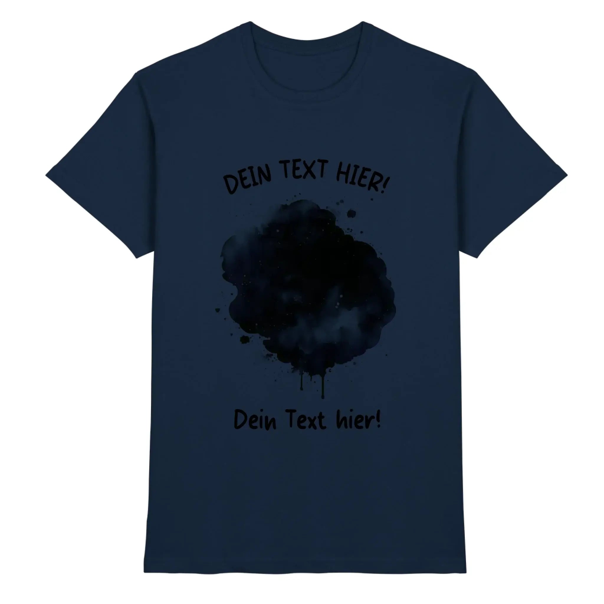 Navyblaue baumwoll t shirt mit schwarzem aquarell tintenspritzer und deutschem platzhaltertext aus der statement collection