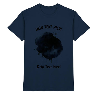 Navyblaue baumwoll t shirt mit schwarzem aquarell tintenspritzer und deutschem platzhaltertext aus der statement collection