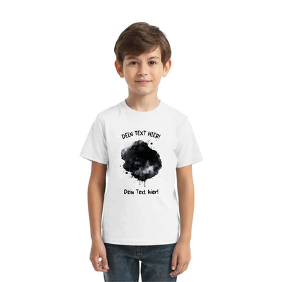 Weißes baumwoll t-shirt mit schwarzem watercolor splash design und dein text hier print aus der statement collection