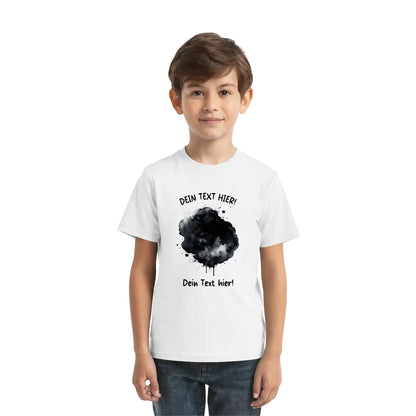 Weißes baumwoll t-shirt mit schwarzem watercolor splash design und dein text hier print aus der statement collection