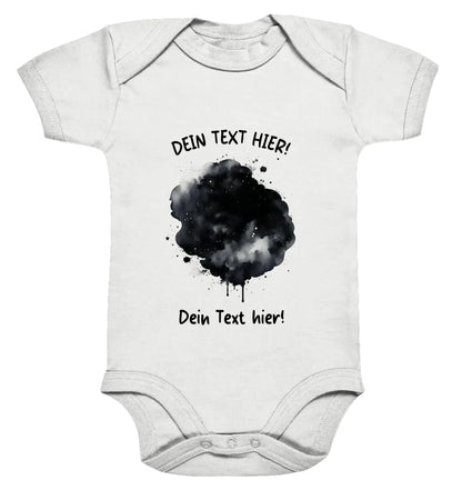 Weißer babystrampler mit schwarzem watercolor tintenspritzer design und placeholder text für personalisierung