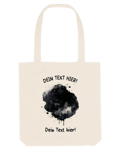 Beige canvas tote bag mit schwarzem aquarellsprenkel design und platzhaltertext aus der statement collection