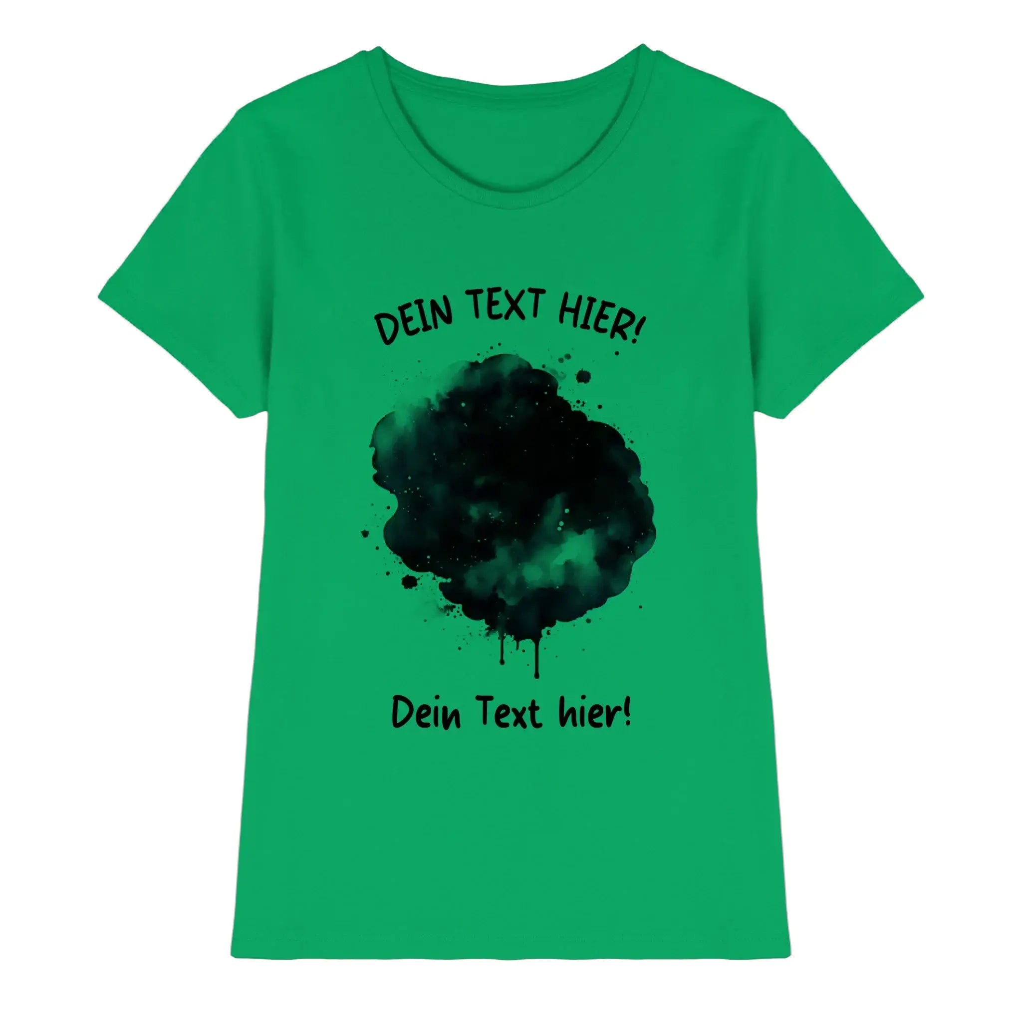 Grünes damen t-shirt mit schwarzem aquarell tinten spritzer und placeholder text aus der statement collection