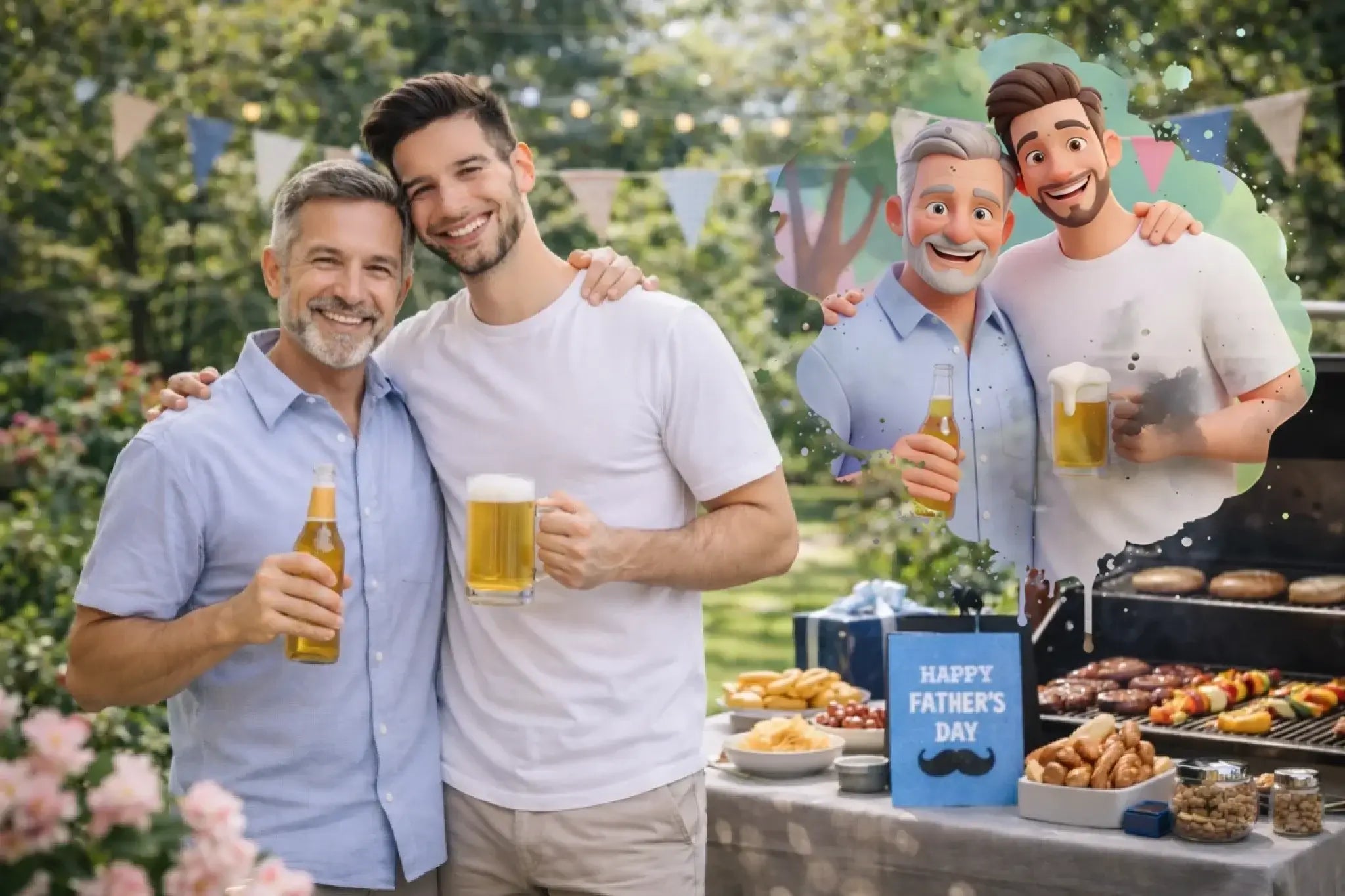 Blauer happy fathers day schild mit schwarzem schnurrbart grafik aus ki cartoon effekt splash statement collection