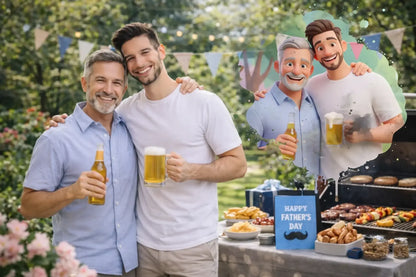 Blauer happy fathers day schild mit schwarzem schnurrbart grafik aus ki cartoon effekt splash statement collection
