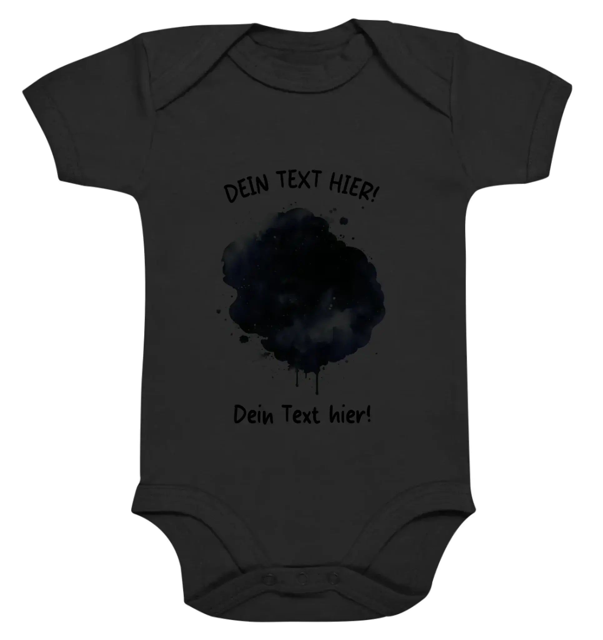 Schwarzer kurzarm-babybody mit aquarell-tintenfleck-design und anpassbarem text aus der kicartoon-effekt splash kollektion