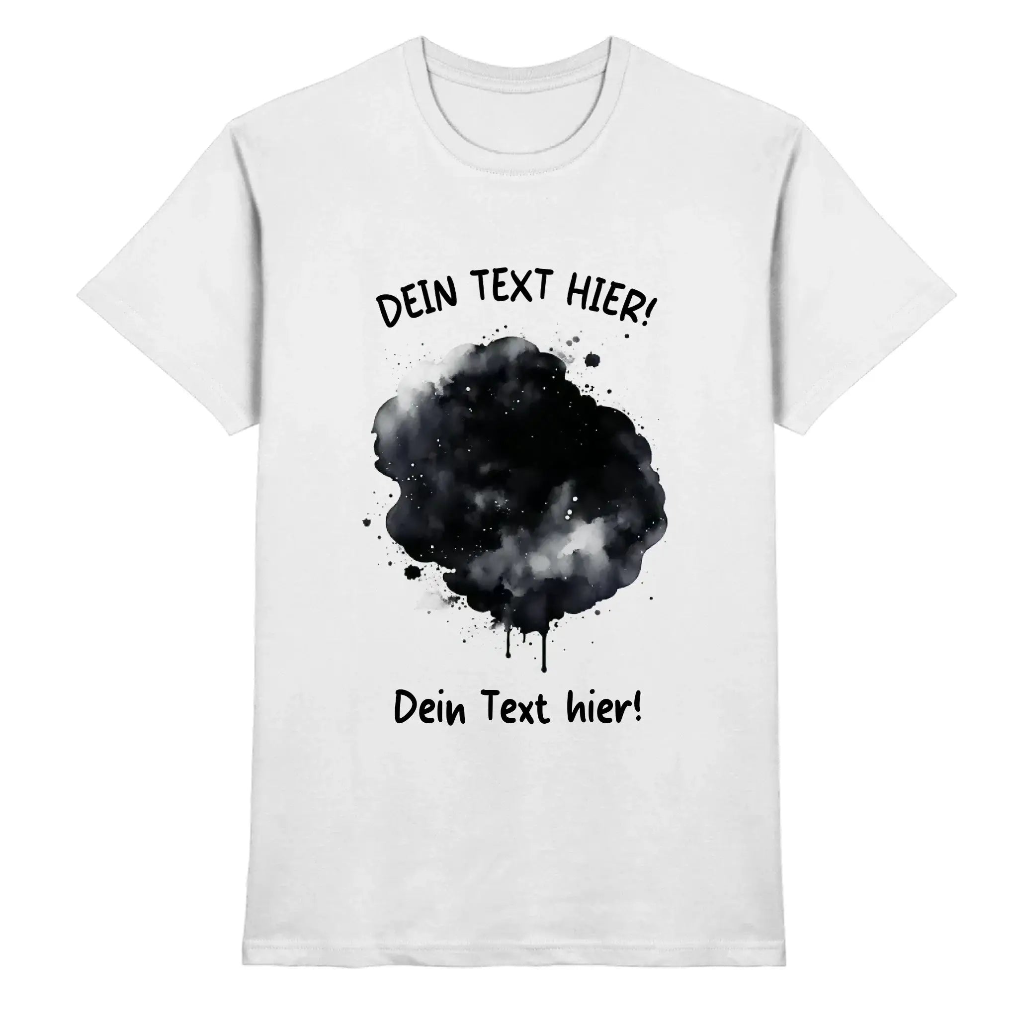 Weiße baumwoll t-shirt mit schwarzem akvarell splash design und dein text hier in bold aus der statement collection