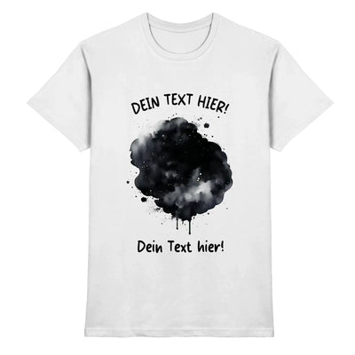 Weiße baumwoll t-shirt mit schwarzem akvarell splash design und dein text hier in bold aus der statement collection