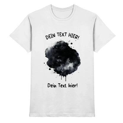 Weiße baumwoll t-shirt mit schwarzem akvarell splash design und dein text hier in bold aus der statement collection