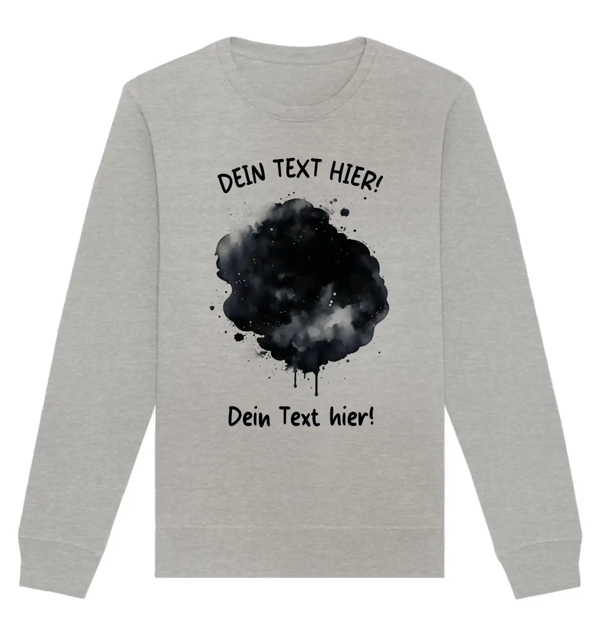 Lichtgrauer langarm-sweatshirt mit schwarzem aquarell-tintenfleck-design aus der statement-collection mit wunschtext