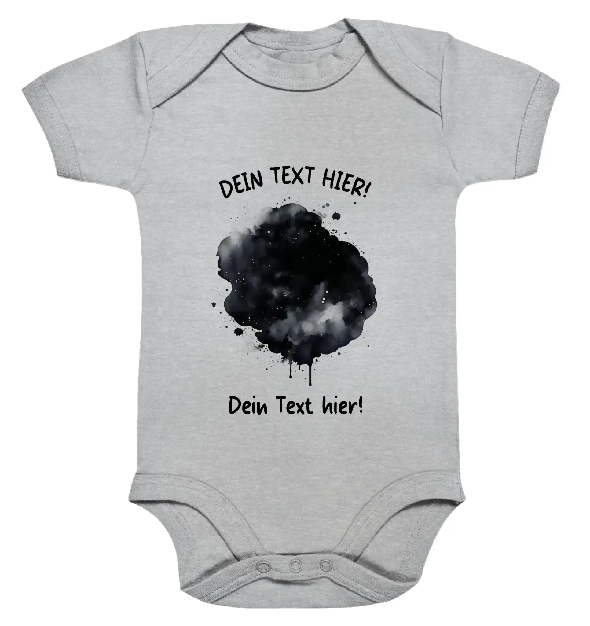 Hellgrauer babystrampler mit schwarzem wasserfarbfleck und german placeholder text aus der statement collection