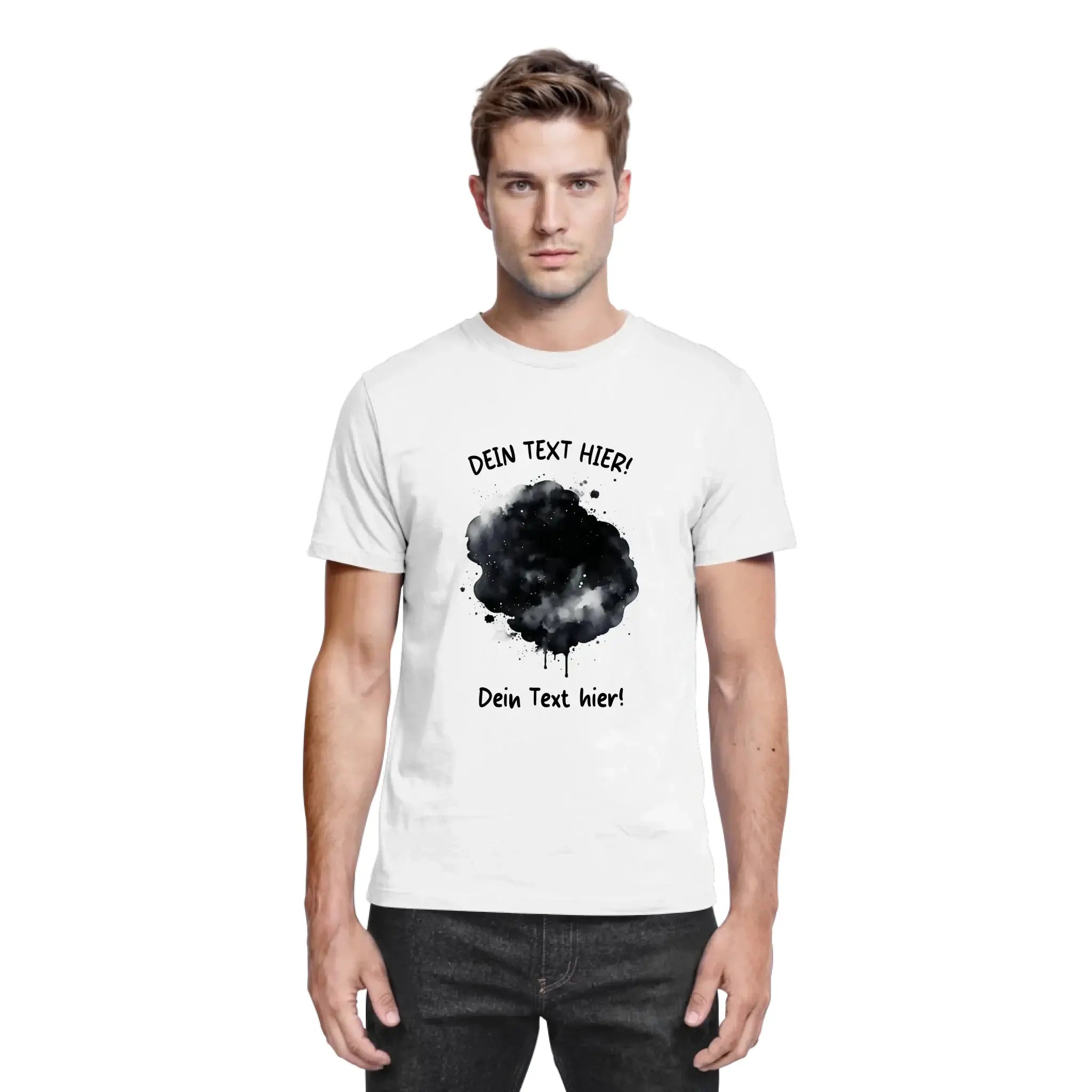 Weißes baumwoll-t-shirt mit schwarzem aquarell-spritzdesign und wunschtext aus der ki-cartoon-effekt splash statement-collection