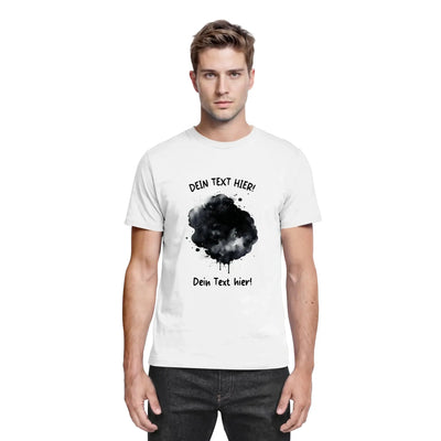 Weißes baumwoll-t-shirt mit schwarzem aquarell-spritzdesign und wunschtext aus der ki-cartoon-effekt splash statement-collection