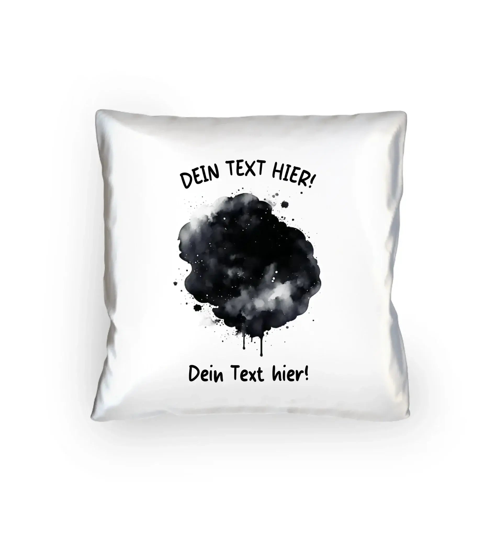 Weiße dekorative kissen mit schwarzem watercolor splash und dein text hier in fett für die statement collection