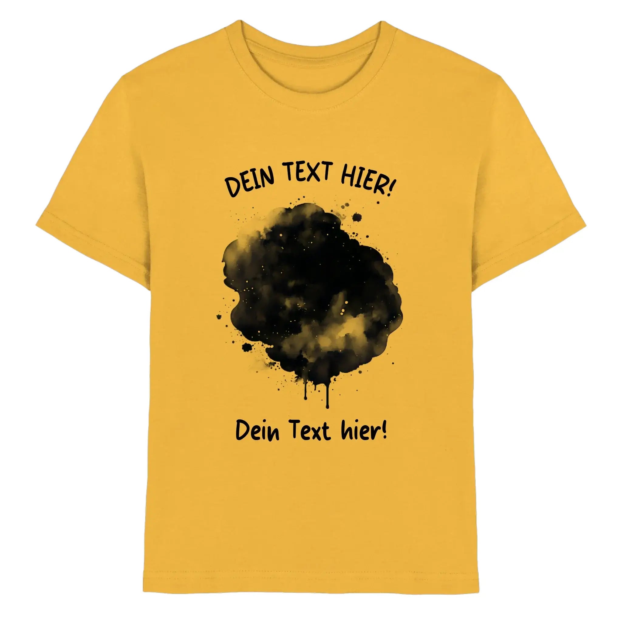 Gelbes kurzarmshirt mit schwarzem aquarellspritzdesign und platzhaltertext aus der ki-cartoon-effekt splash kollektion