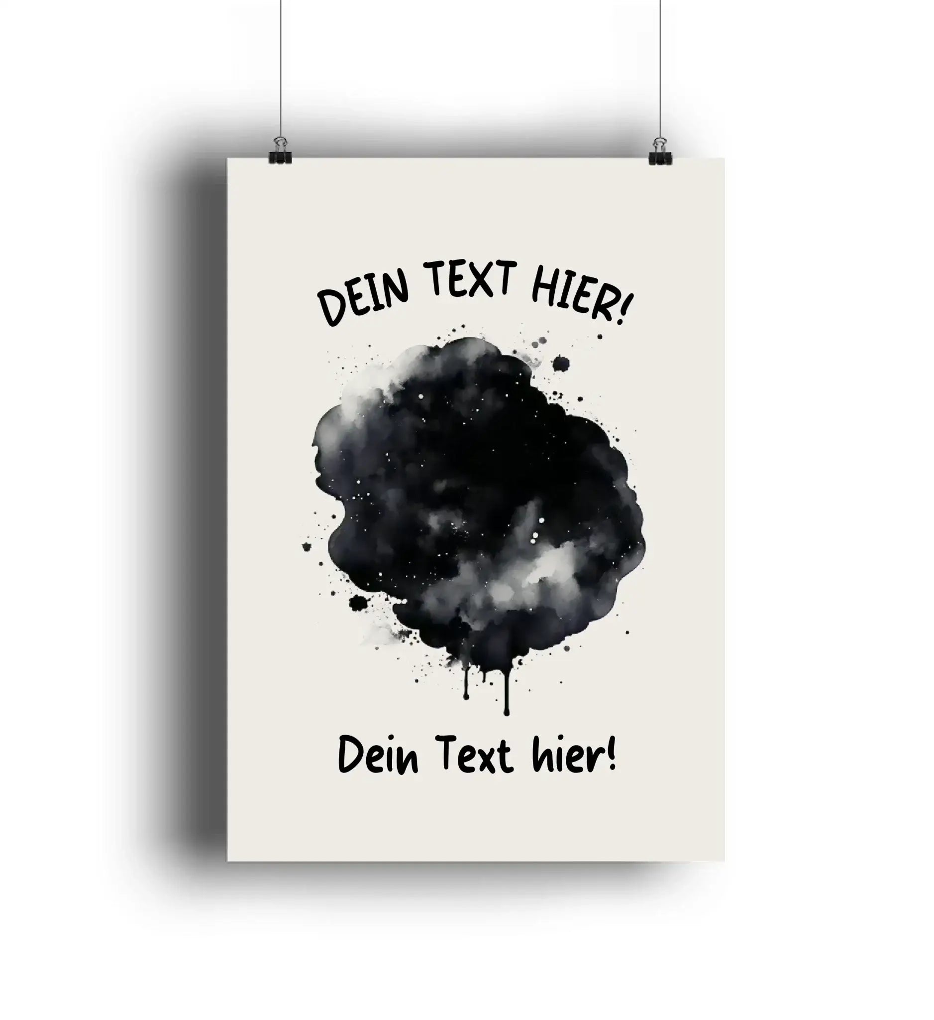 Minimalistisches poster mit schwarzem aquarellspritzer auf cremeweißem hintergrund und anpassbarem fettgedrucktem wunschtext