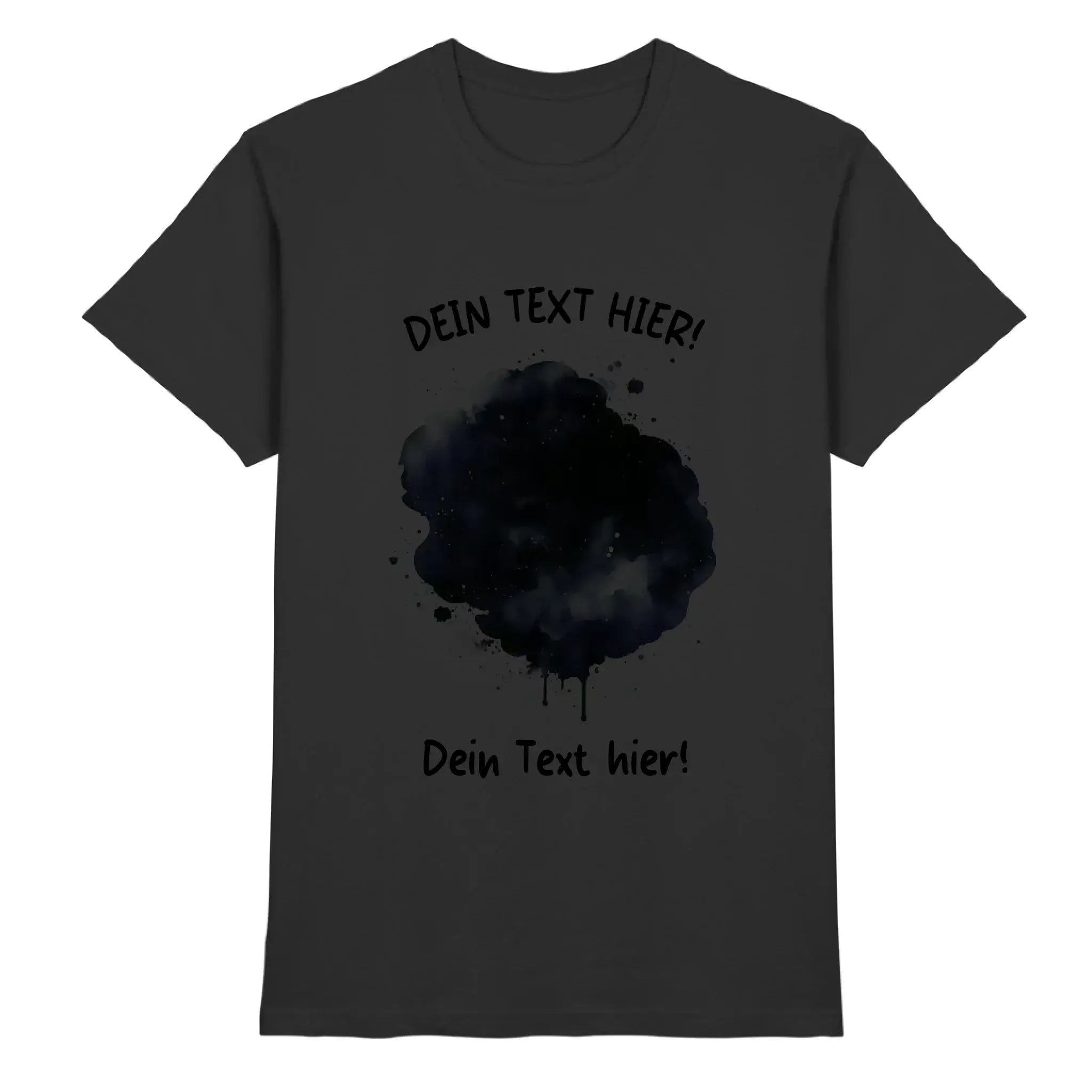 Dunkelgraues baumwoll t shirt mit schwarzem tintenklecks design und deinem text hier print aus der statement collection
