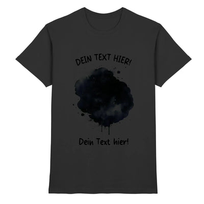 Dunkelgraues baumwoll t shirt mit schwarzem tintenklecks design und deinem text hier print aus der statement collection