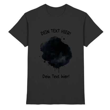 Dunkelgraues baumwoll t shirt mit schwarzem tintenklecks design und deinem text hier print aus der statement collection