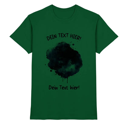 Dunkelgrünes baumwoll t shirt mit schwarzem aquarell splash design und text dein text hier aus der statement collection