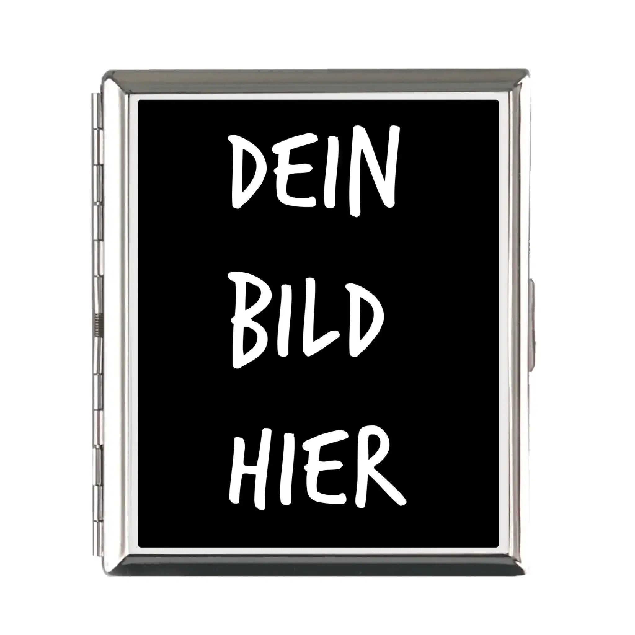 Silbernes rechteckiges zigarettenetui mit schwarzem innenfach und weißem dein bild hier schriftzug personalisierbar