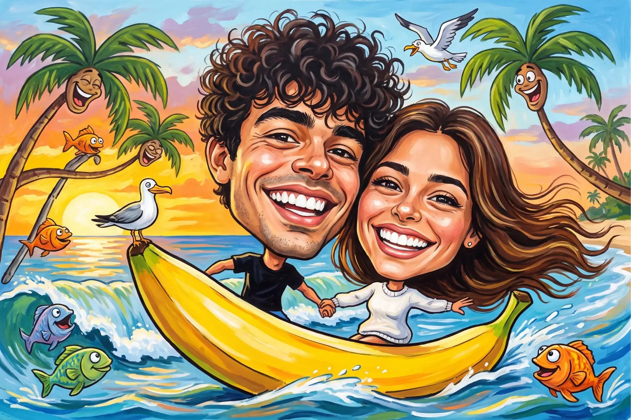 Vibrantes gelbes foto-karikatur blechschild mit lächelndem paar auf bananenboot in tropischen gewässern