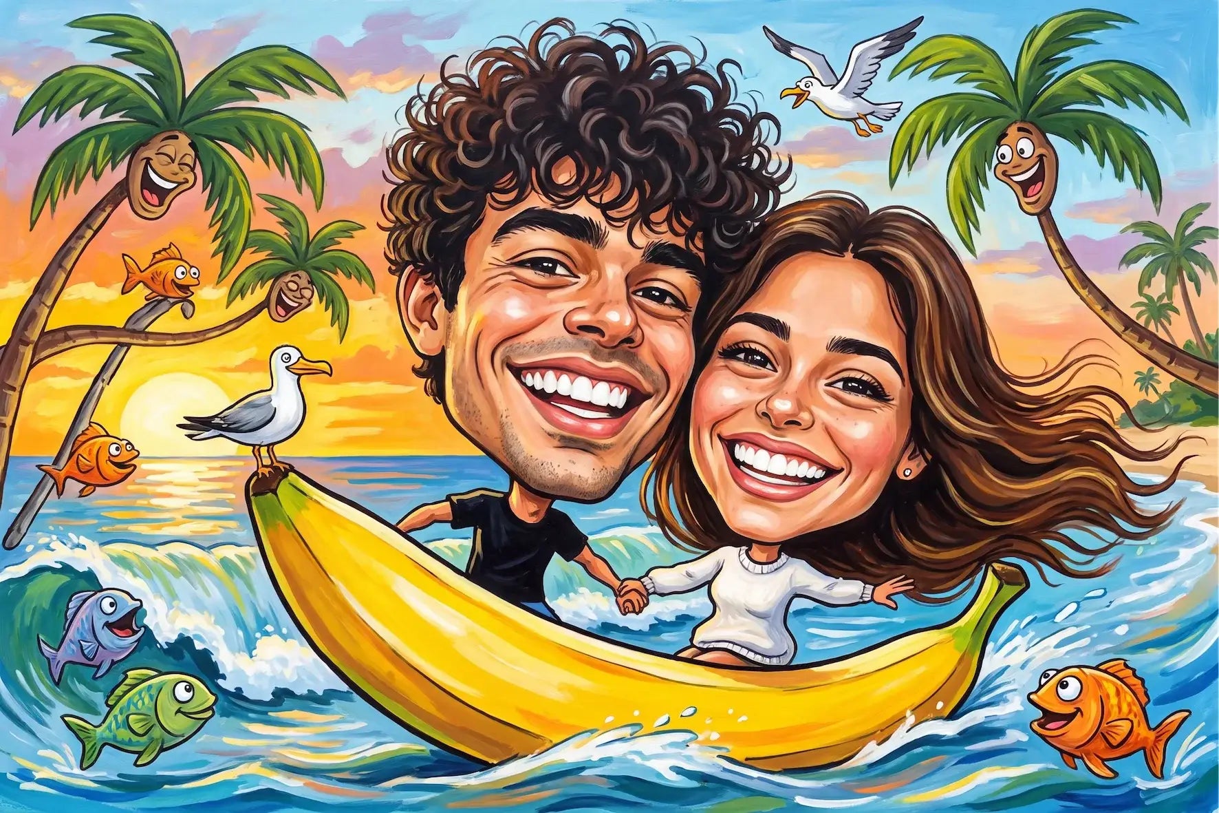 Lebhaftes gelbes foto-karikatur acrylglasbild mit einem glücklichen paar auf einem bananenboot durchs tropische meer