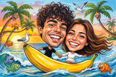 Lebhaftes gelbes foto-karikatur acrylglasbild mit einem glücklichen paar auf einem bananenboot durchs tropische meer