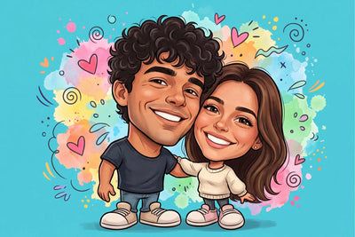 Cartoon illustration of a smiling couple with curly and long brown hair on a colorful background for ki-effekt love kicks blechschild and acrylglasbild