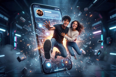 Ein schwarzes smartphone mit leuchtender social media oberfläche und schaltkreisdesign für ki-effekt screen breakout auf blechschild und acrylglasbild
