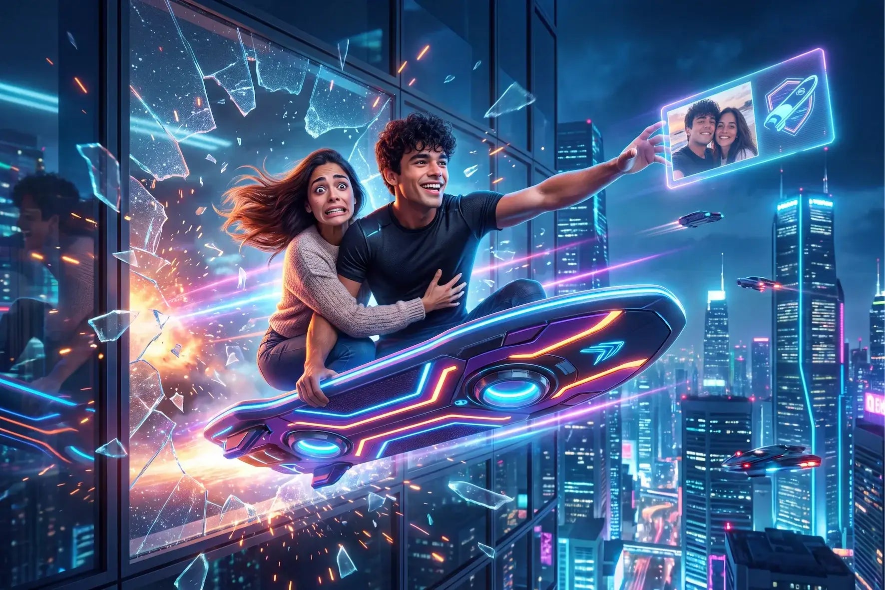 Neonbeleuchtetes futuristisches hoverboard mit blau und lila leuchtenden lichtern auf blechschild und acrylglasbild