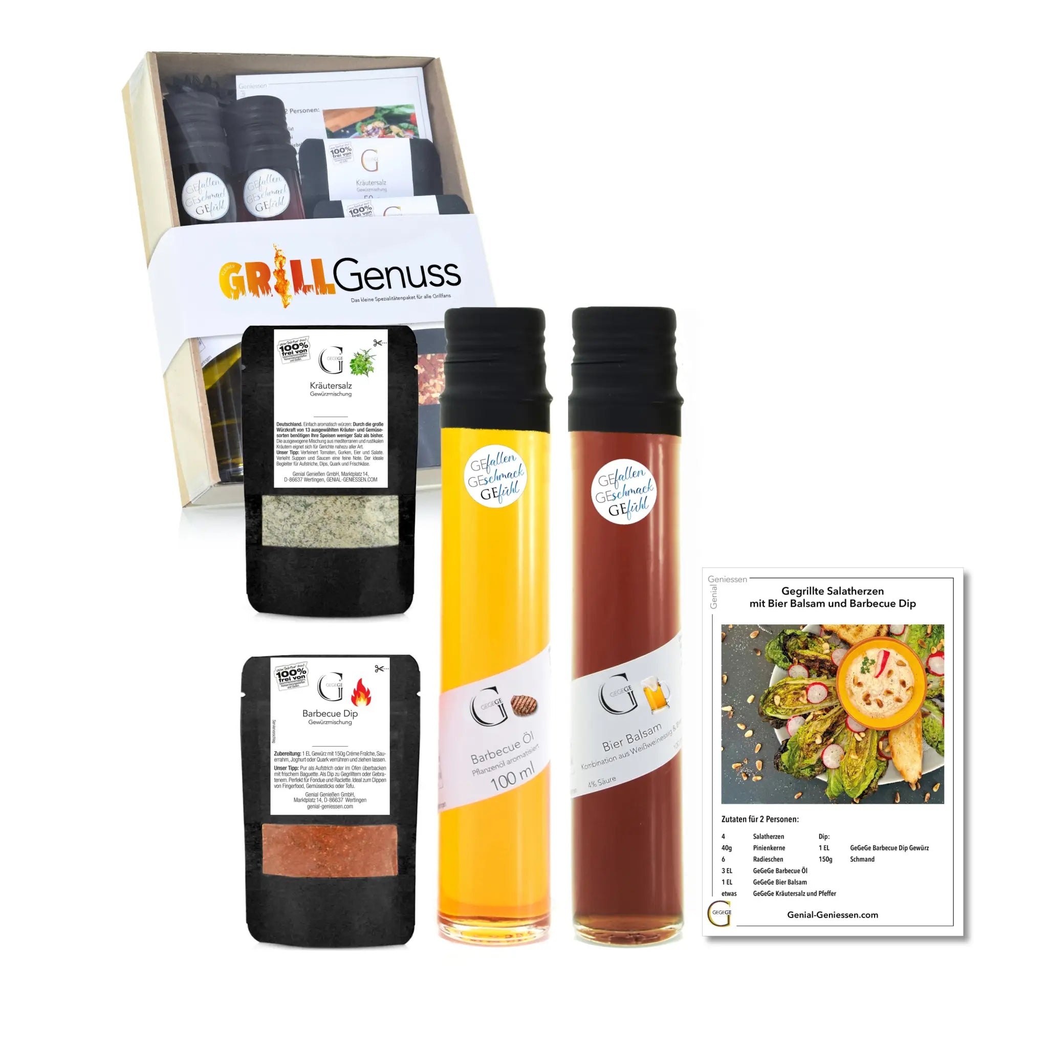 Kleiner grill genuss geschenkset mit glasflaschen barbecue öl goldgelb bier balsamico glasur bernsteinfarben und schwarzen gewürzpackungen