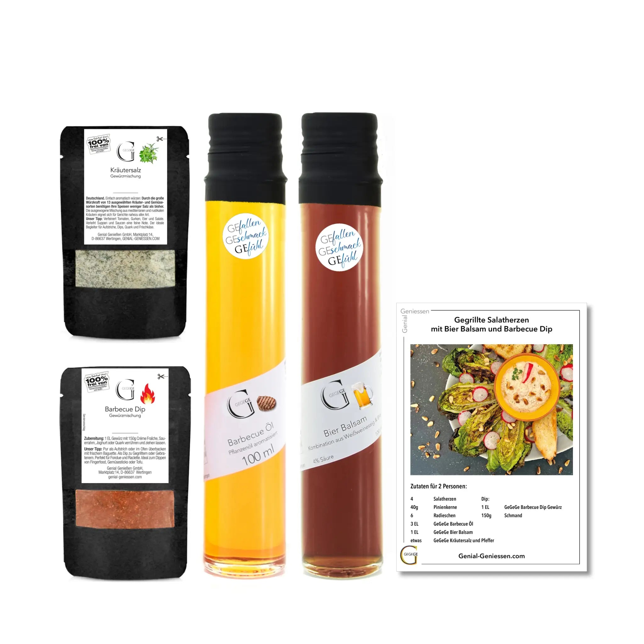 Zwei glasflaschen mit schwarzen deckeln eine mit goldgelbem barbecueöl die andere mit dunkelbraunem beer balsamic dip im kleiner grill genuss geschenkset