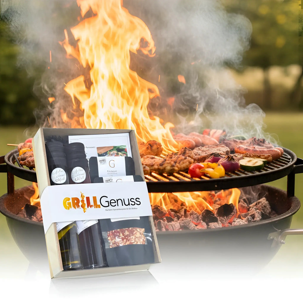 Kleiner grill genuss geschenkset mit grillgenuss gewürzen und soßen in dekorativer geschenkbox