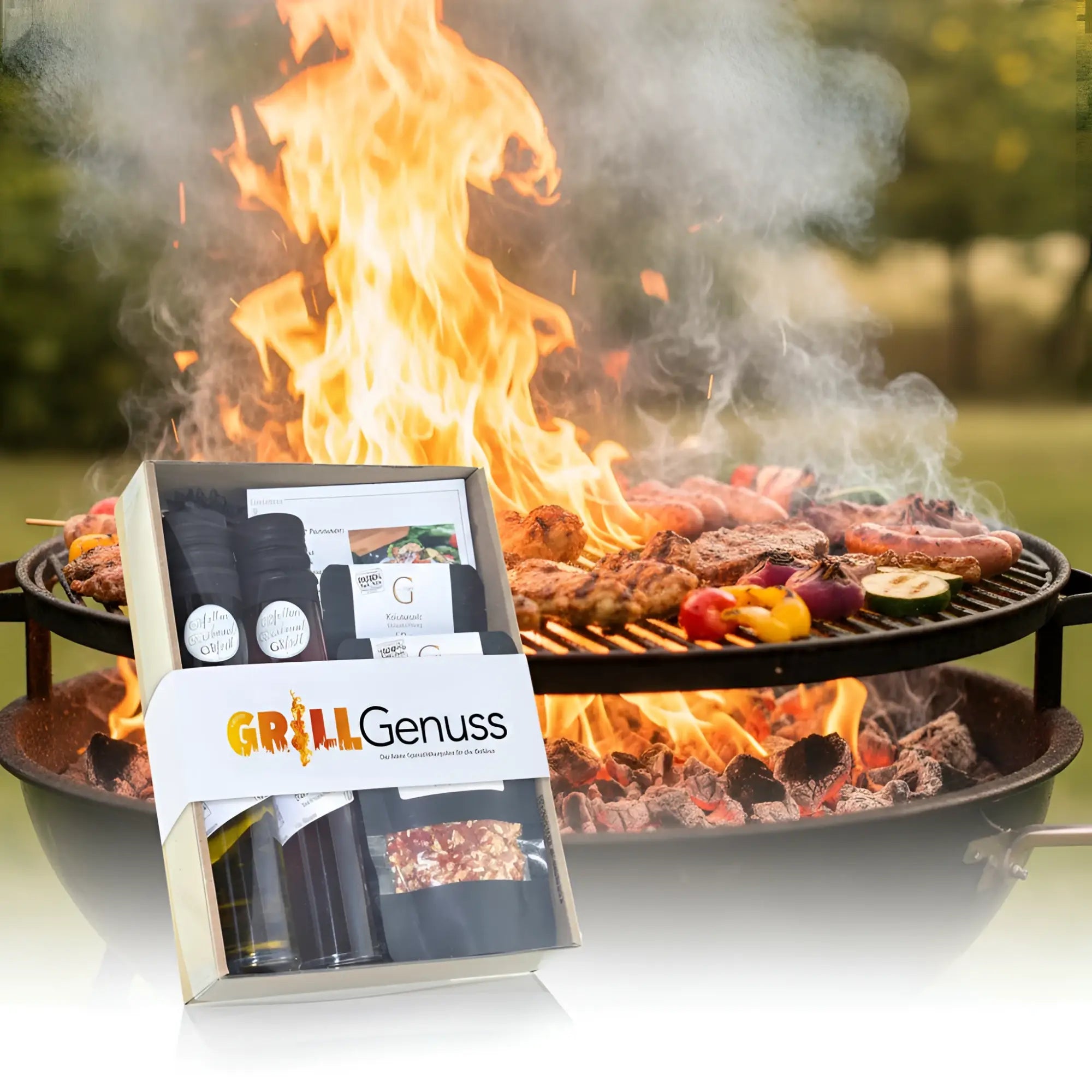 Kleiner grill genuss geschenkset mit grillgenuss gewürzen und soßen in dekorativer geschenkbox