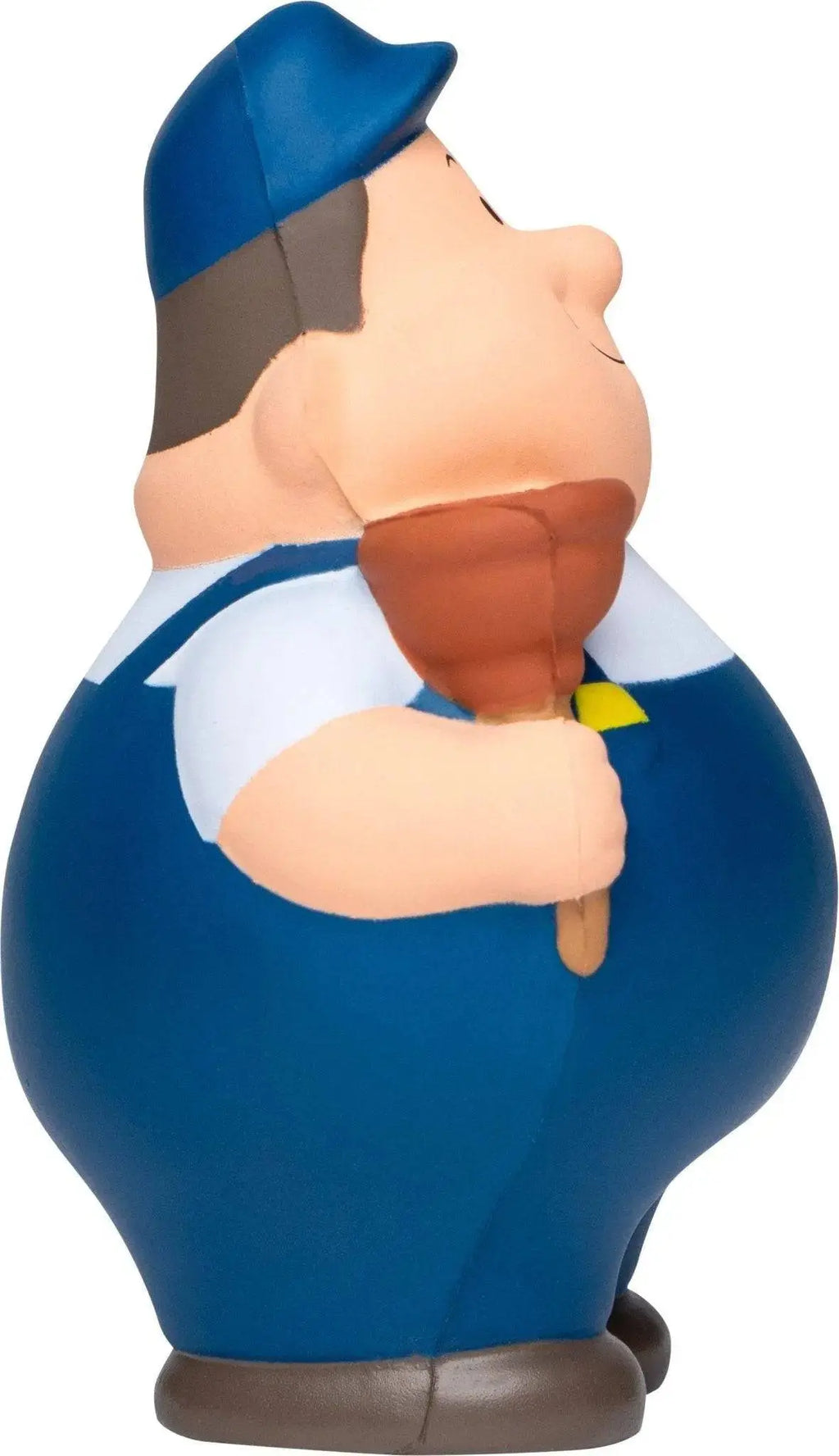 Blaue klempner bert anti-stress-quetsch-figur aus plastik mit overall und eis in der hand