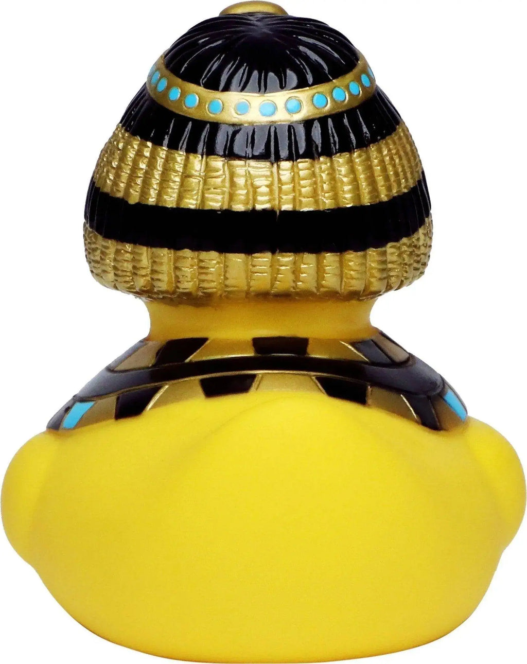 Gelbe kleopatra ente mit schwarzem und goldenem ägyptischem kopfschmuck und türkisperlen als quietsche- und badeente