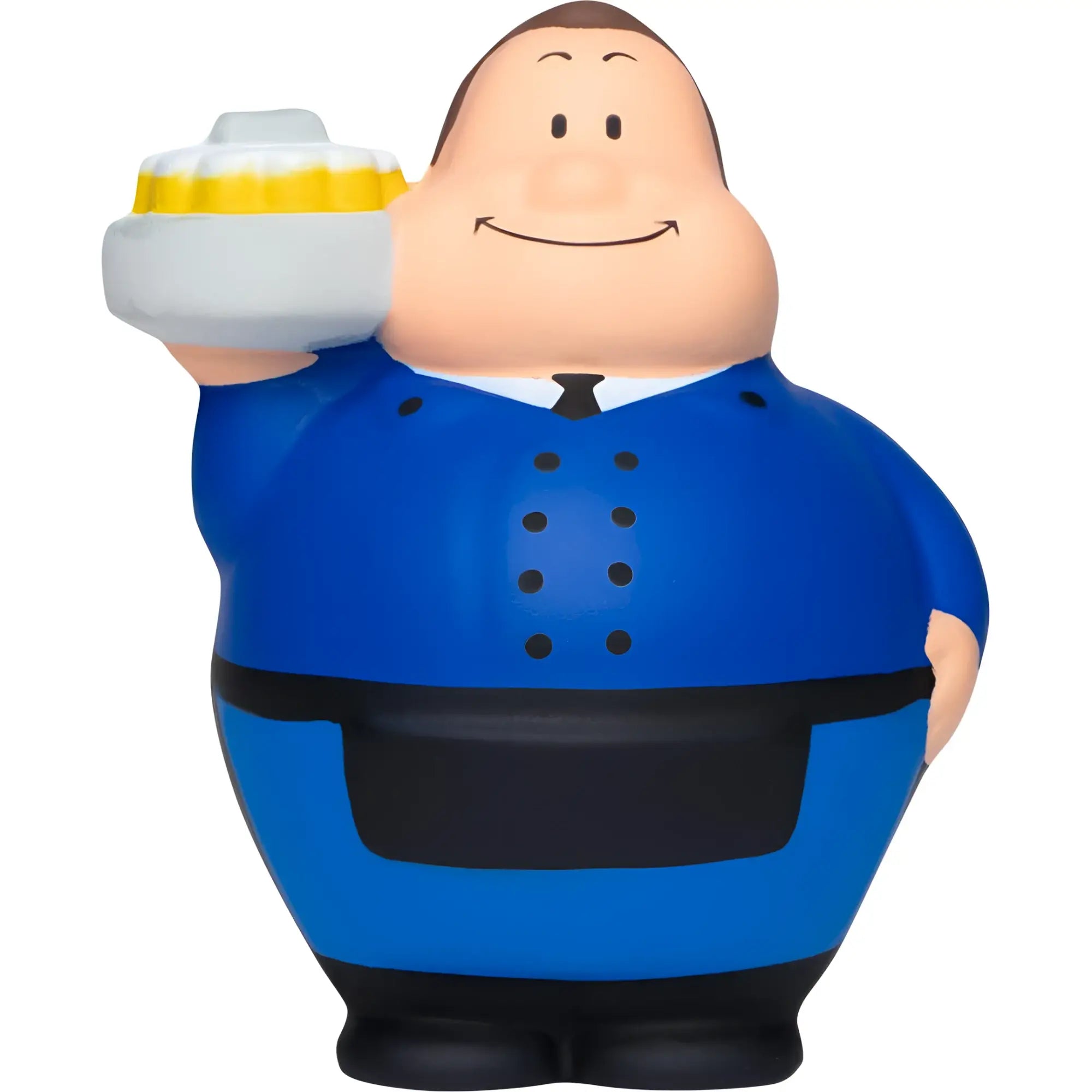 Blauer und schwarzer köbes bert stressball mit lachendem gesicht hält weißen und gelben dessertbecher
