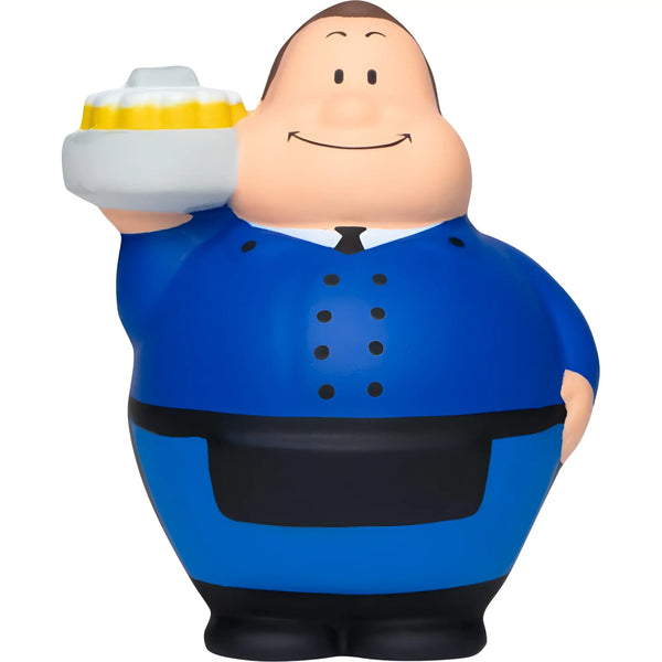 Blauer und schwarzer köbes bert stressball mit lachendem gesicht hält weißen und gelben dessertbecher