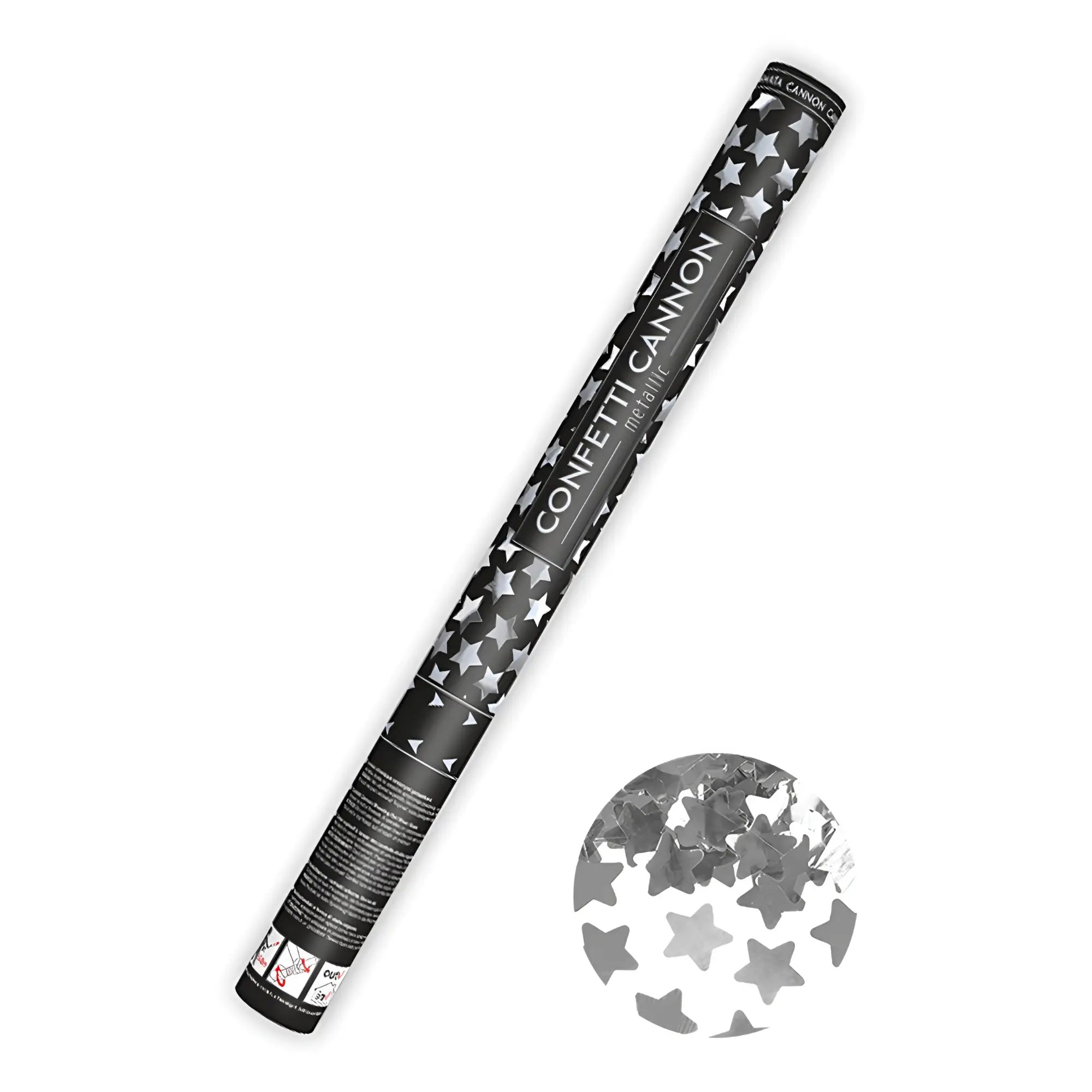 Konfettikanone 60 cm in schwarz und silber mit metallic sternen aus folie für partyspaß
