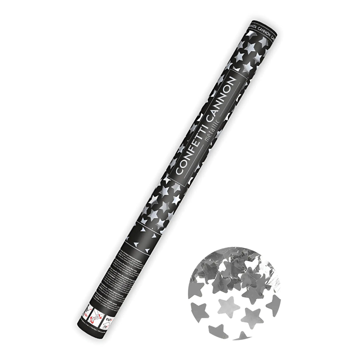 Konfettikanone 60 cm in schwarz und silber mit metallic sternen aus folie für partyspaß