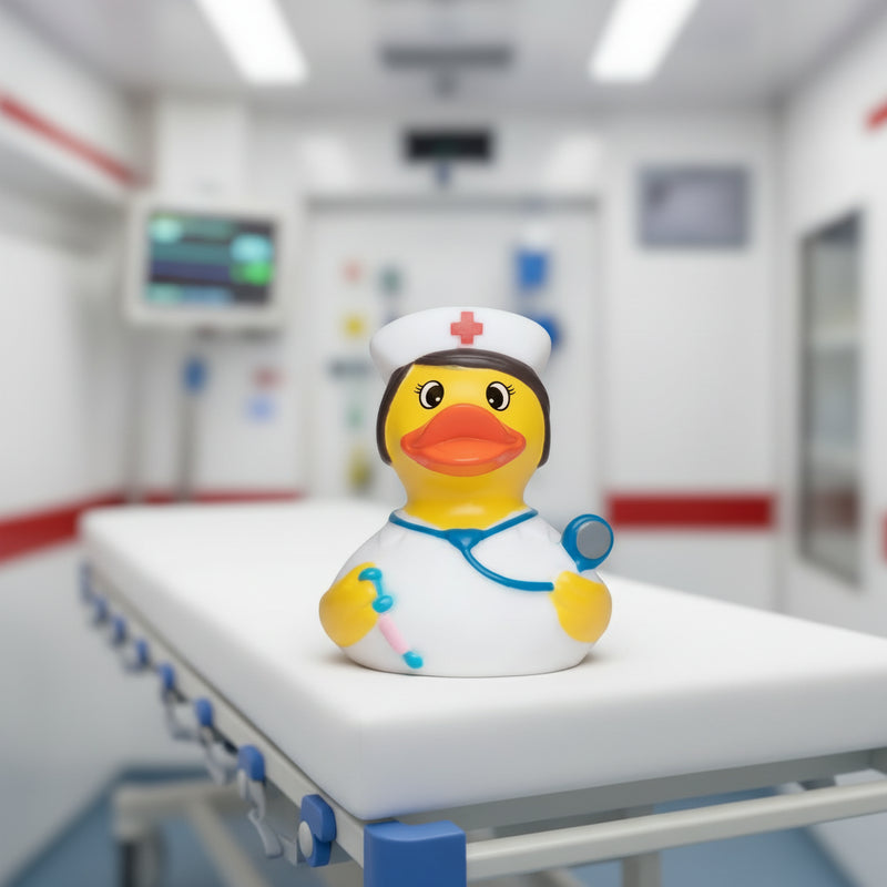 Gelbe quietsche-ente als krankenschwester mit weißer uniform, rotem kreuz und blauem stethoskop
