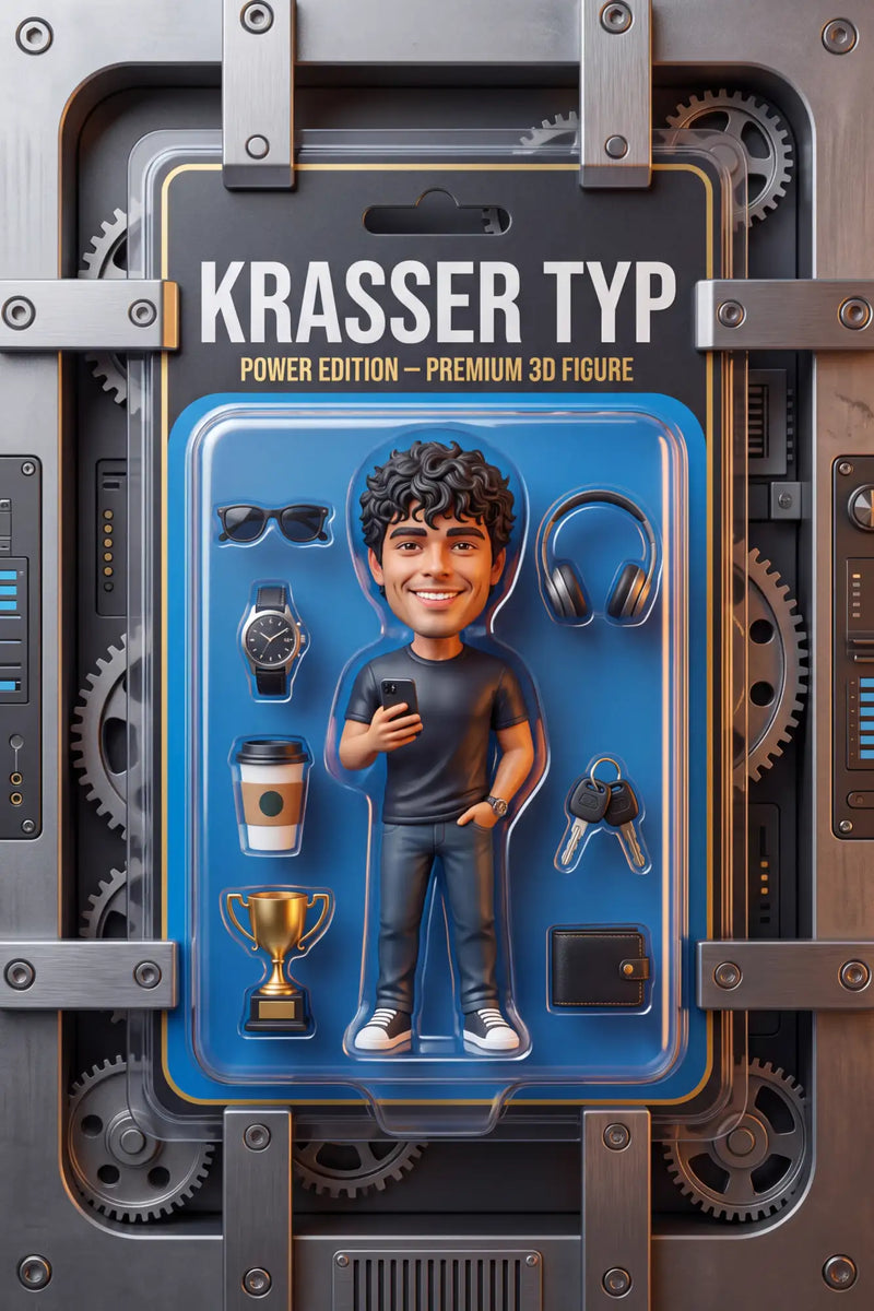 Eine Cartoon-artige 3D-Figur eines lächelnden Mannes mit lockigem dunklem Haar, der ein schwarzes T-Shirt und Jeans trägt, ein Smartphone in der Hand hält, in klarem Kunststoff verpackt, in einer blauen Blisterverpackung mit der Aufschrift „krasser typ power edition – pre“