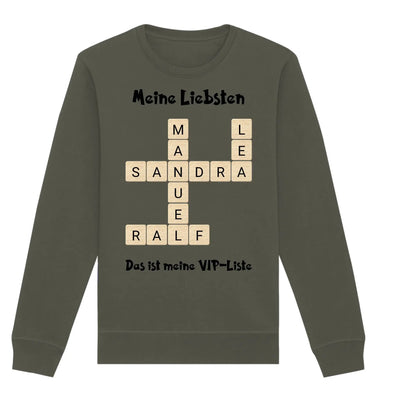 Olivegrüner langärmeliger sweatshirt mit kreuzworträtsel-design und cremefarbenen buchstaben me meine liebsten vip-liste