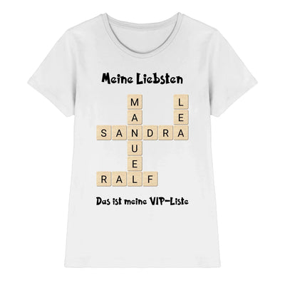 Weißes baumwoll-t-shirt mit kreuzwort-motiv und scrabble-fliesen sandra aus der statement-collection mit wunschtext