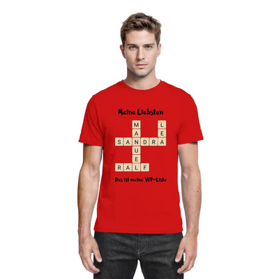 Rotes baumwoll-t-shirt mit kreuzworträtsel-design und worten meine liebsten und das ist meine vip-liste in schwarz