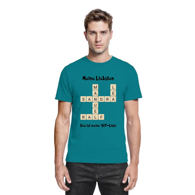 Petrolfarben baumwoll t-shirt mit kreuzworträtsel motiv sandra und namen in schwarz aus der statement-collection