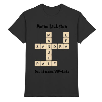 Schwarzes baumwoll t shirt mit kreuzworträtsel design und beigen buchstaben meien liebsten und das ist meine vip liste